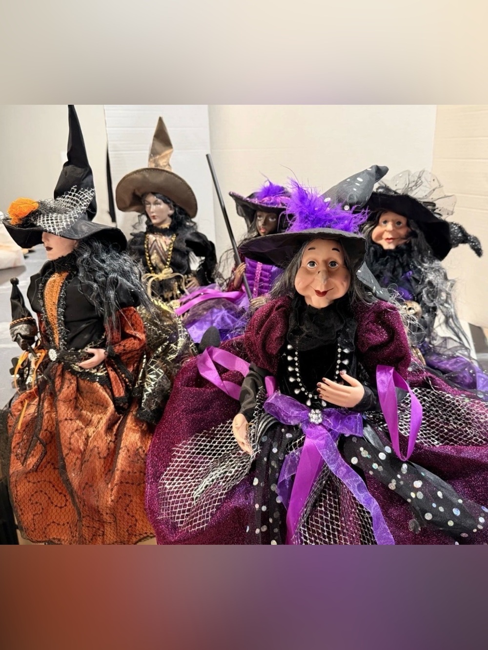 Lot of 5 Large Halloween Witch Dolls Shelf Sitters Purple Orange Skull Decor